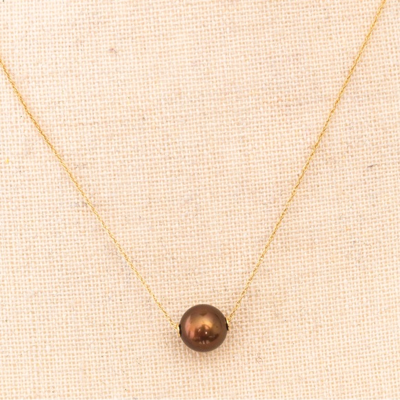 Minimalist floating pearl necklace chocolate pearl 14K choker chain necklace - Picture 8 of 16